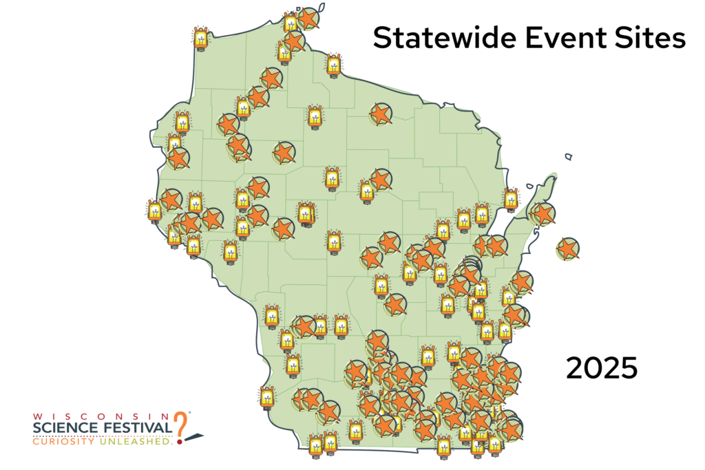 State of Wisconsin map with location of 2025 Wisconsin Science festival site(s)