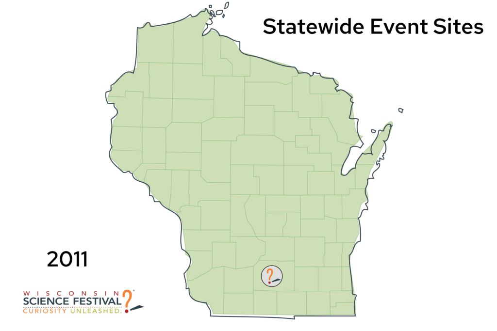 State of Wisconsin map with location of Wisconsin Science festival site(s)
